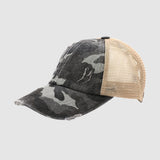CC Beanie Distressed Camo Crisscross High Ponytail Cap