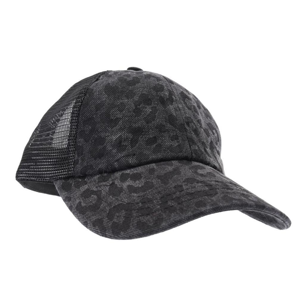 CC Beanie Leopard Crisscross Ladies High Ponytail Hat Black
